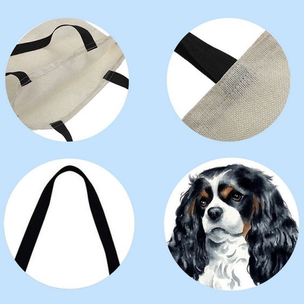 Linen Tote Bag - Kawaii Puppies Charles Spaniel Dog Oil Painting