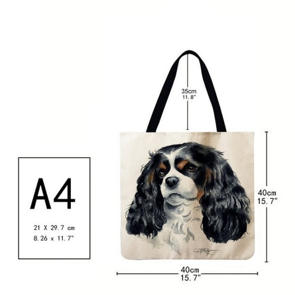 Linen Tote Bag - Kawaii Puppies Charles Spaniel Dog Oil Painting