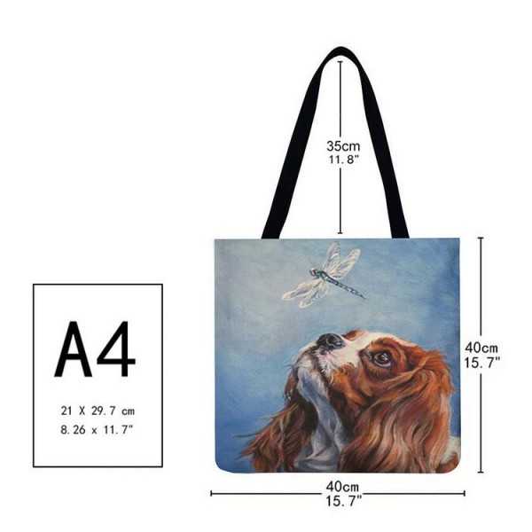 Linen Tote Bag - Kawaii Puppies Charles Spaniel Dog Oil Painting